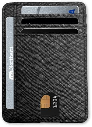 KEYRI Flache Geldbörse Kartenetui Schutz Slim Geldbeutel Kreditkartenetui mit ID-Fenster und Schnellzugriff-Fach PU Leder Portemonnaie Geldbeutel Schwarz Praktischer Kartenhalter (Kreuzschraffur)