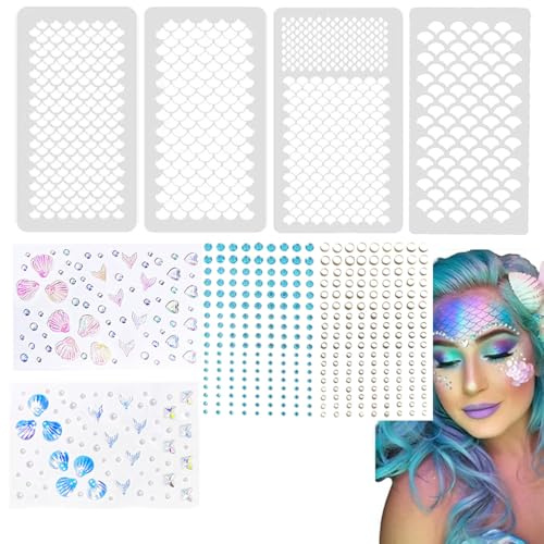 Amacoam Fiskfjäll stenciler sjöjungfru kostym make-up stenciler sjöjungfru mallar med 4 x glitterstenar självhäftande strasstenar karneval kostym makeup karneval målning mall för målning