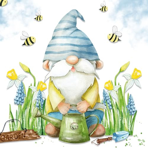 Servietten Papier 33x33cm 3-lagig 20 Stück - hochwertig & nachhaltig - Einweg Papierservietten - Servietten für Ostern, Sommer & Gartenparty Gastronomie Alltag - Zwerg im Garten Motiv