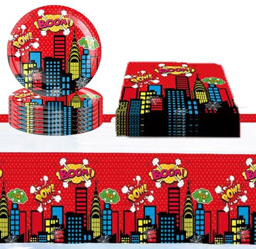 Hero City Super-héros Vaisselle, Superhero Party Tableware, Héros Thème Ensemble de Fournitures de Fête pour Super Héros Vaisselle Thème Anniversaire (Rouge)