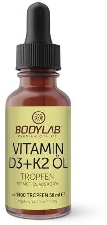 Bodylab24 Vitamin D3 + K2 Öl Tropfen 50ml, hochkonzentrierte Drops, enthält 1000 IE (25 mcg) Vitamin D3 und 20 mcg Vitamin K2 pro Tagesdosis, mit MCT-Öl aus Kokos