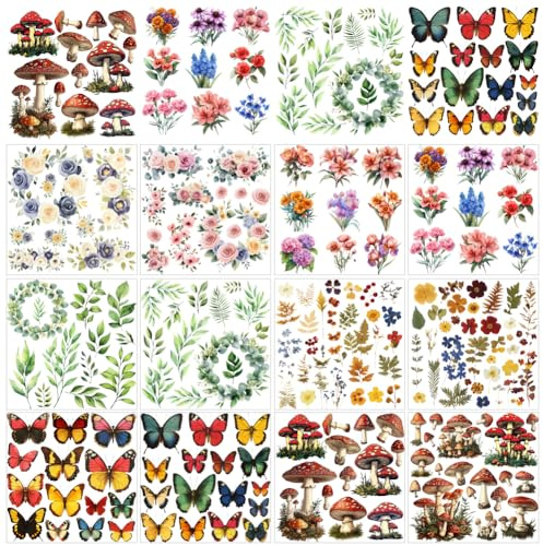 GOMAKERER 12 Blatt Abziehbilder Zum Aufreiben Für Bastelarbeiten Möbel 12 Stil Vintage Blumenblätter Rub On Transferaufkleber Schmetterling Pilz PVC Rub On Decals Für DIY Home Fenster Craft Decor