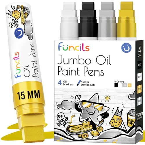 Funcils 4 Jumbo Ölstift Lackstifte 15mm - Weiß, Schwarz, Gold & Silber | Permanent-Marker, Lackmarker Paint Pen Ölmarker für Metall, Holz, Glas, Reifen, Kunststoff, Stoff, Plakatstifte, Jumbo Marker