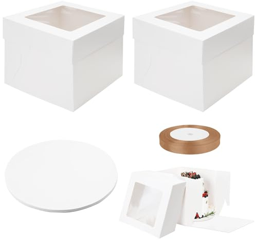 VOSSOT caja para tartas de 2 piezas, 25 x 25 x 20 cm y 25 x 25 x 25 cm, cajas para tartas Con ventana de visualización, una bento para caja tarta con lazo color champán, ideal para celebraciones