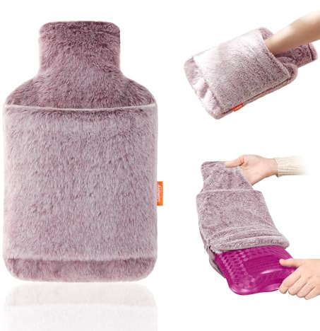 samply Hot Water Bottle with Cover 2L, Hand Pockets, Zip Base, Damson | Soft faux fur cover with hand pockets warms both hands. Bottom zip makes the bottle easy to remove and replace.