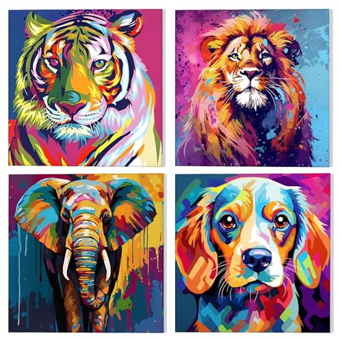 NAIMOER 4 Pack Animales Pintura por Números con Marco Adultos Niños, Pintura por Números Sobre Lienzo con Marco de Madera,Pintura Arte Regalos 20x20cm (Tigre, León, Elefante, Perro)