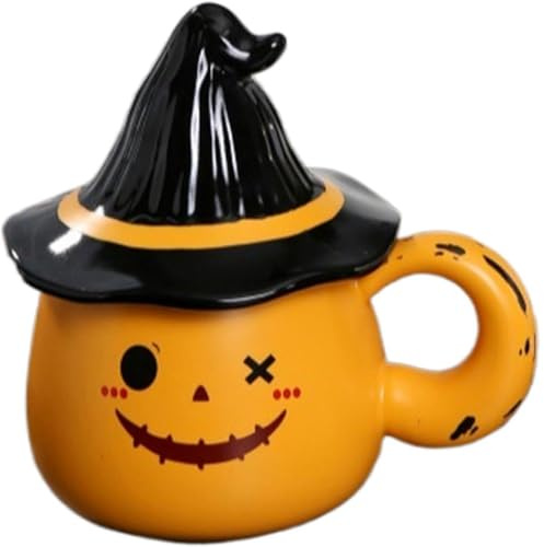 MAGICVOGEL Graziosa tazza da caffè in ceramica, per Halloween, 320 ml, con cappello da strega, coperchio carina, tazza da tè, per Halloween, compleanno, Natale (arancione)