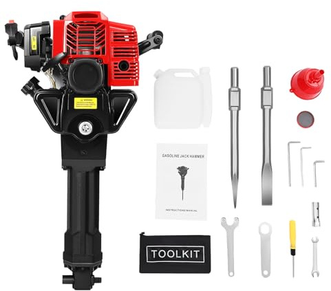 52CC 2-Stroke Demolition Jack Hammer, Gas Powered Concrete Breaker Punch Drill Jack Hammer 55J Impact Energy w/Pointed & Flat Pickaxe, Heavy-Duty Stone Demolition Tool for Concrete Breaking Trenching