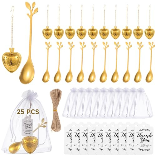 yeeplant 25 Sets Tea Party Wedding Favors with Heart-Shaped Tea Infusers, Leaf Tea Spoons, Thank You Cards, and Organza Bags