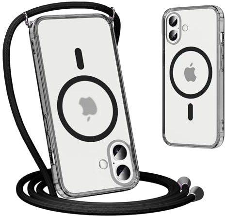 Yoedge Magnétique Coque pour iPhone 17 avec Cordon de Collier 6,3, Étui Compatible avec MagSafe, Ultra Mince Translucide Mat Silicone Antichoc Housse avec Réglable Lanyard Necklace Case, Noir