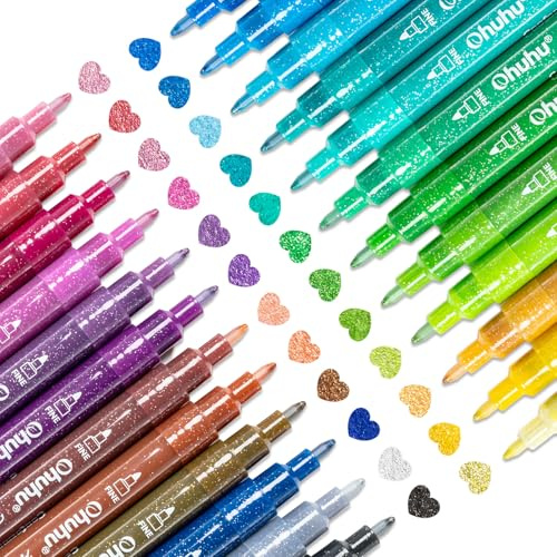 Ohuhu Glitterpennor 24 färger, 0,7 mm fin spets vattenbas glitter filtpennor för flickor glitter pyssel kort pyssel album scrapbooking stenar keramik glas koppar trä ritning färg