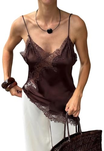 Alaurbeauty Top Camisole da donna senza maniche in raso e pizzo con spalline sottili, orlo asimmetrico in seta e canotte asimmetrica Streetwear, marrone, S