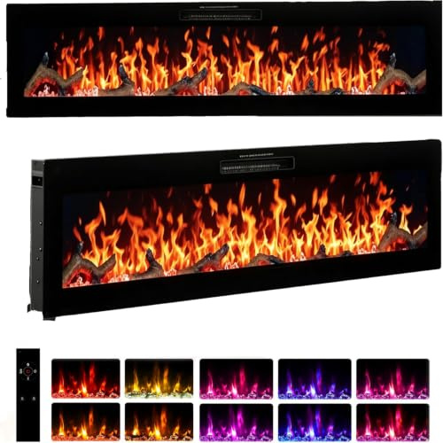 LSBIKE Electric Fireplace with 12 Flame Effects, Tempered Glass Front, Wall-Mounted & Recessed, Heating Electric Fire with Remote Control, LED Fire for Home Living Room (60INCH)