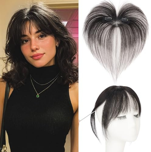 Rich Choices Clip in Pony Echthaar 100% Remy Haarteil Echthaar Pony Haarteil Clip in Hair Topper für Damen Kurz Haar Extentions 9g #1B Schwarz Wispy Bangs