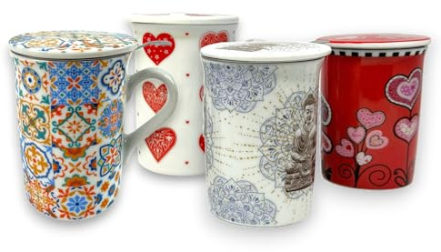 Genérico Pack x4 Taza Mug con Filtro y Tapa para Té o Café, 280 ml, Cerámica Decorativa con Infusor Integrado, 11.5 x 8.5 x 10.5 cm