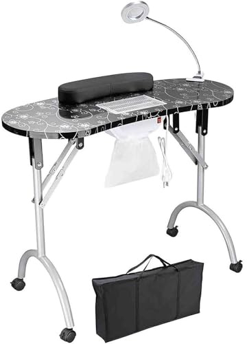 Mesa de manicura portátil, mesa plegable con ruedas, estación de trabajo de manicura, incluye bolsa de transporte de esponja para lámpara de uñas