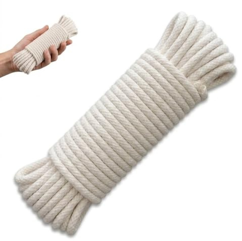 LinCoo 12M Soft Rope, White Thin Braided Cotton Cord, Heavy Duty Braided Cotton Washing Line Suitable for Camping and DIY Craft Projects