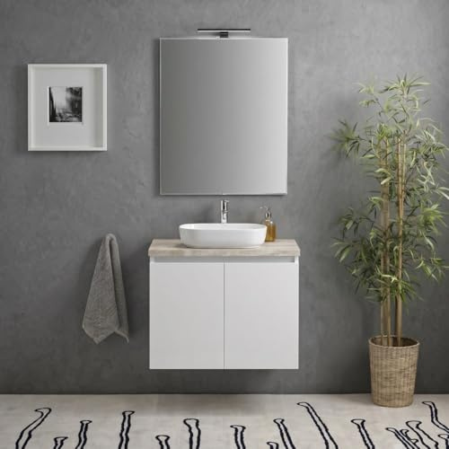 Kiamami Valentina - Mobile Bagno Sospeso 60 cm Bianco Lucido con Top Beton, Specchio con Luce, 2 Ante,