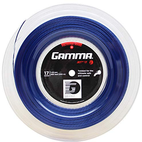 Gamma Sports AMP Jet Tennisschläger-Saite aus Polyester - gedrehte Rippenform sorgt für maximalen Ballbiss,Spin und Kontrolle mit größerer Balltasche – 16 l, 17 oder 18 Gauge (schwarz, blau, Limone)