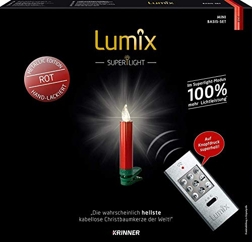 Krinner LUMIX Superlight Mini Metallic, candele per albero di Natale, senza fili, laccate a mano, set base con 12 candele e telecomando a infrarossi, rosso, 75546, 1,5 x 1,5 x 9 cm