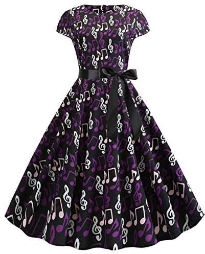 Wellwits Robe à manches courtes pour femme - Imprimé notes de musique - Style vintage années 1950 - violet - 46/48 FR