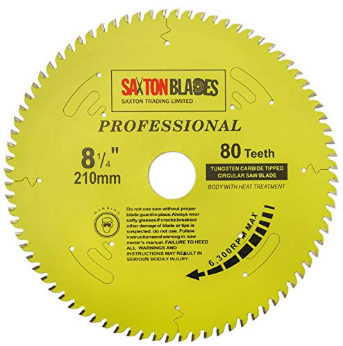 TCT21080TPRO Saxton Professional Range TCT Circular Saw Blade 210mm x 80T x 30mm Bore, 16, 20, 25mm, 25.4mm Reduction Rings Compatible with Evolution Festool Bosch Makita Dewalt