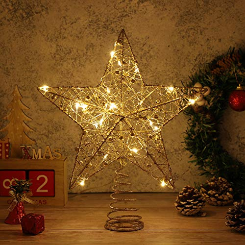 Toyvian Weihnachtsstern Beleuchtet, Aus Metall Topper Stern Beleuchtet Draht Treetop Goldene Christbaumspitze Mit 25 Led FüR Ornament Zuhause und Feiertagsfeiern Dekoration Partys (12 Zoll, Golden)