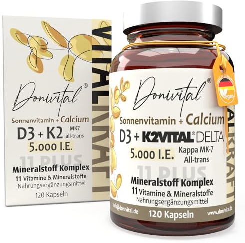 Vitamin D3 5000 I.E. + K2 Kappa K2Vital DELTA MK7 99,7% All-Trans + hochaktives Calcium. D3 K2 Kapseln - 11 Vitalstoffe für Knochen, Muskeln, Stoffwechsel und Immunsystem - 120 Stück Vegan
