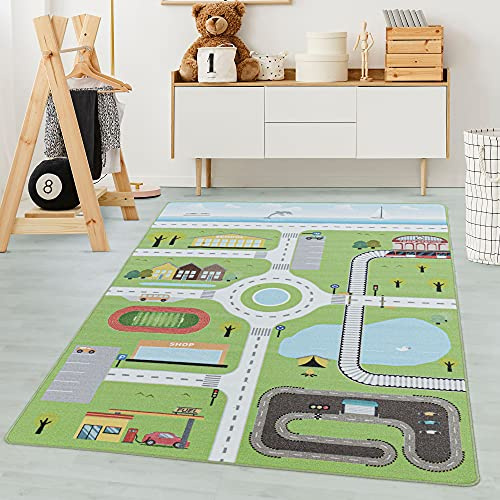 Carpetsale24 Kinderteppich Grün 160x230 cm Straßenteppich Modern rutschfest Waschbar Pflegeleicht Extra Weich Antiallergen Babyteppich Kinderzimmer Jungen Mädchen