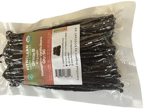 50 Madagascar Organic Vanilla Beans Grade B. Certified USDA Organic. 5-7 by FITNCLEAN VANILLA for extract, Cooking and Baking. Whole NON-GMO Bourbon Pods