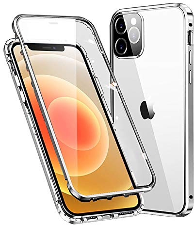 MOSSTAR Case for iPhone 12 Mini Magnetic Cover 360 Degree Full Body Protective [with Camera Lens Protection] Metal Bumper Front and Back Transparent Tempered Glass Flip Case, Silver