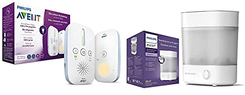 Philips Avent Audio Babyphone SCD503/26 - DECT-Technologie, Kristallklarer Klang, weiß & SCF291/00 Sterilisator für bis zu 6 Babyflaschen, Sauger und Zubehör, weiß