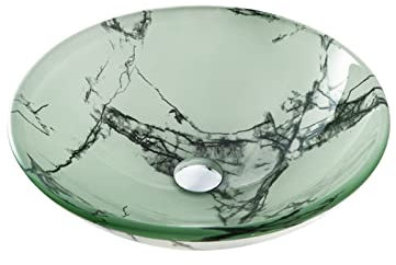 Ksunun Waschbecken Set Runden Gehärtetes Glas Aufsatzwaschbecken Marmor Textur Design Handwaschbecken mit Messing Ablaufgarnitur und Montagering, Aufsatz Waschschale für Bad,A