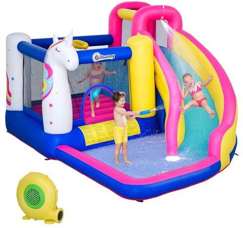 Outsunny Inflatable Water Slide Bounce House with Trampoline, Climbing Wall, Water Cannon, Basketball Hoop, Splash Pool, 450W Blower, Unicorn Themed Bouncy House for Kids 3-8 Years Old