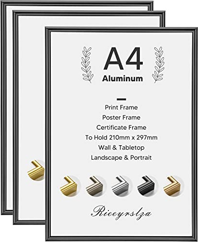 Rieeyrslza Aluminium Bilderrahmen 3 STK Dokumentrahmen 21x29,7cm A4 Fotorahmen Wand & Tischrahmen Foto Rahmen Poster Wand Bilderrahmen Geeignet Für Zuhause Schule Galerie(Schwarz)