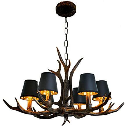 YGWXYYZJ Geweih Vintage Style Harz 4/6 Licht Kronleuchter Deckenleuchte, Nostalgische Geweih Kronleuchter Mit Stoffschirm Für Esszimmer Wohnzimmer Cafe Küche (Black,6 heads)