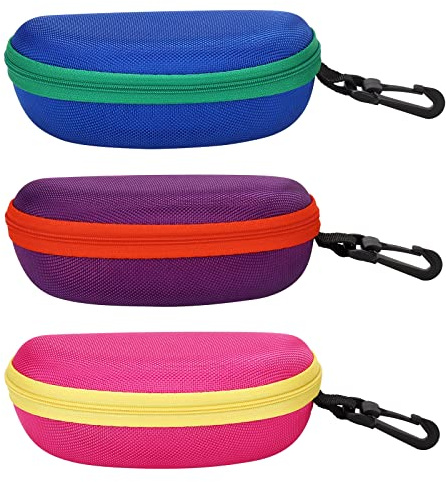 molshine 3 Pieces Portable Hard Shell Sunglasses Case, Zipper Eyewear Eyeglasses Case with Hook for Women Men Travel Sports (Blue&Pink&Purple)