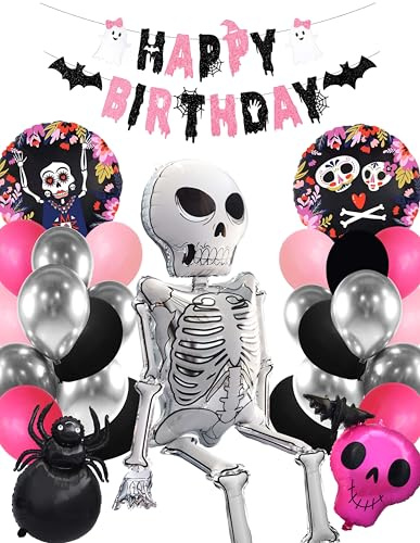 Regendeko Rosa Halloween Happy Birthday Geburstagsdeko | Halloween Party Deko Skelett Spinne Folienballon Deko Set Ballons Girlanden