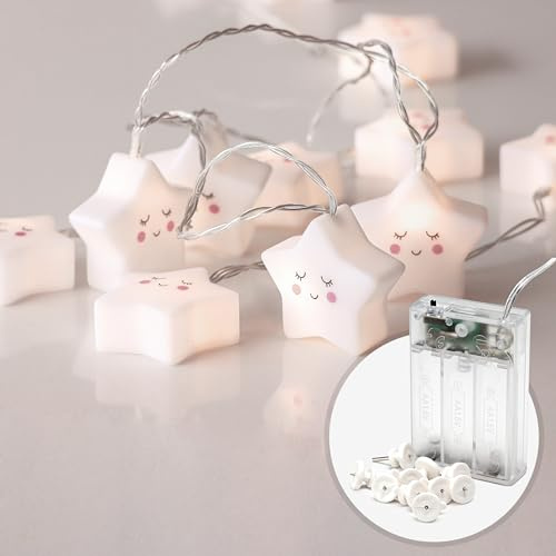 Cobus CozyHome Stern Lichterkette Kinderzimmer Deko - 20 LED & Timer | 5m Warm Weiß Batterie I Sternlichterkette für Kinderwagen mit Sternen Hochbett oder Kinderbett & Zelt Fairy Lights Sterne