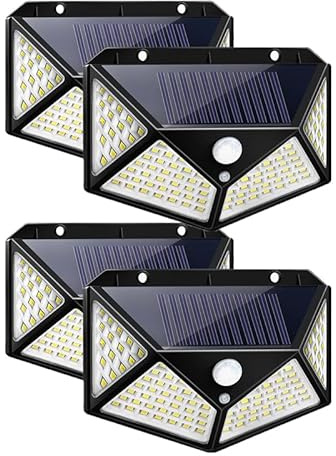 Lampes Solaires d'extérieur 100 LED Solaires de Jardin étanches à l'eau, Lumières de Sécurité avec Détecteur de Mouvement, Lumières Murales à énergie Solaire 3 Modes pour Jardin (Normal Lot de 4)