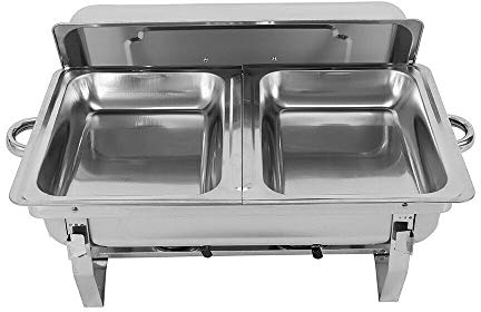 SABUIDDS 7.5L Edelstahl Warmhaltebehälter Speisenwärmer mit Zwei Pfannen Rechteck Mahlzeit Chafing Dish Gastro Behälter mit Deckel Buffetwärmer für Catering, Buffet und Party, Buffet Zubehör, Silber