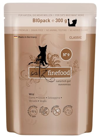 catz finefood Classic N° 9 Wild Feinkost Katzenfutter nass, Premium Nassfutter für Katzen ohne Getreide und Zucker mit hohem Fleischanteil (6 x 300g Beutel)