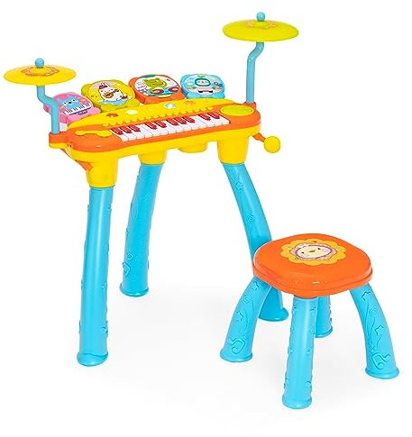 COSTWAY 24-Key Kids Electronic Piano, Toddler Keyboard and Drum Set with Stool, Microphone, LED Lights, MP3, Record & Replay Function, Musical Instrument Toy for Boys Girls (Blue)