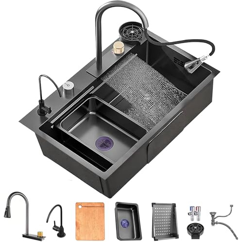 Fregadero De Cocina En Cascada, Grifo Extraíble En Cascada De Acero Inoxidable 304, Fregaderos De Barra De Un Solo Tazón, Fregadero De Cocina Familiar con Juego Completo De Accesorios (Color : Grey, | Grifo Extraíble En Cascada De Acero Grey