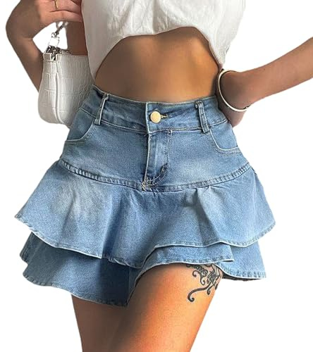 tinetill Y2K Jupe en Jean pour Femme Jupe Plissée Mini Jupe Taille Haute Jean A-Line Jupe en Jean Jupe D'été Vintage Jupes Courtes en Jean Casual Club Cargo Gothique Punk
