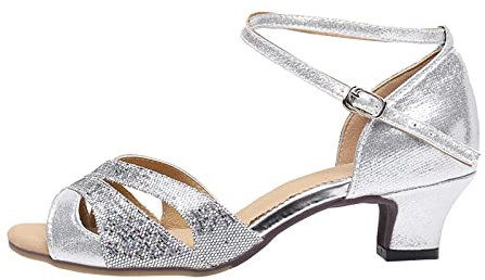 Damen Latein-Tanzschuhe, Outdoor-Gummisohle, 3,5 cm, niedriger Absatz, weiche Unterseite, Latein-Tanzschuhe, geschlossene Zehen, niedrige Schuhe, silber, 38 EU
