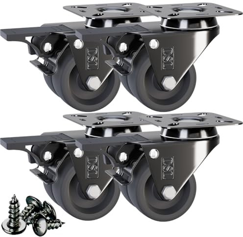 DSL Caster Wheels set of 4 - TPR Heavy Duty Braked 50mm Swivel Castor Wheels Trolley – No Floor Marks Silent Rubbered Castors for Furniture – upto 400KG + Free Fitting