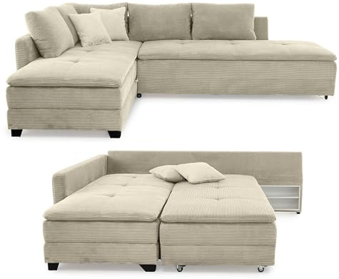 luma-Home 15161/ Ecksofa-Dauerschläfer Doppelbett, Cord-Bezug Beige Grau | B306/T223/H95 cm, Boxspring 7-Zonen-Tonnentaschenfederkern, Topper, Bettkasten, Nachtkonsole, seitenverkehrt montierbar