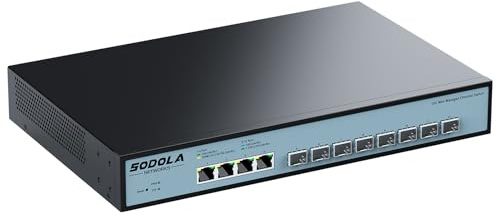SODOLA 12-Port 10Gbit Managed Switch, 8x10Gb SFP+ & 4x10GBase-T Ports | Lüfterkühlung, 1U Rack-Montage, Web-GUI für LACP/QoS/VLAN/SNMP – 10G Multi-Gigabit-Netzwerkswitch