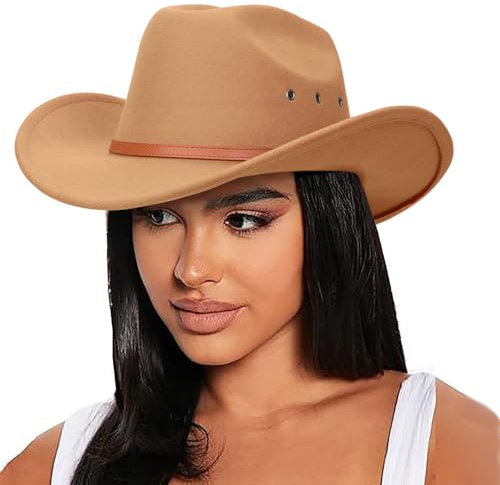 DRESHOW Cowboyhut für Damen & Herren Viehzüchter Western Fedora Filzhut Cowgirlhut mit Breite Krempe und Schnallengürtel Unisex Aufrollbare Krempe Hut